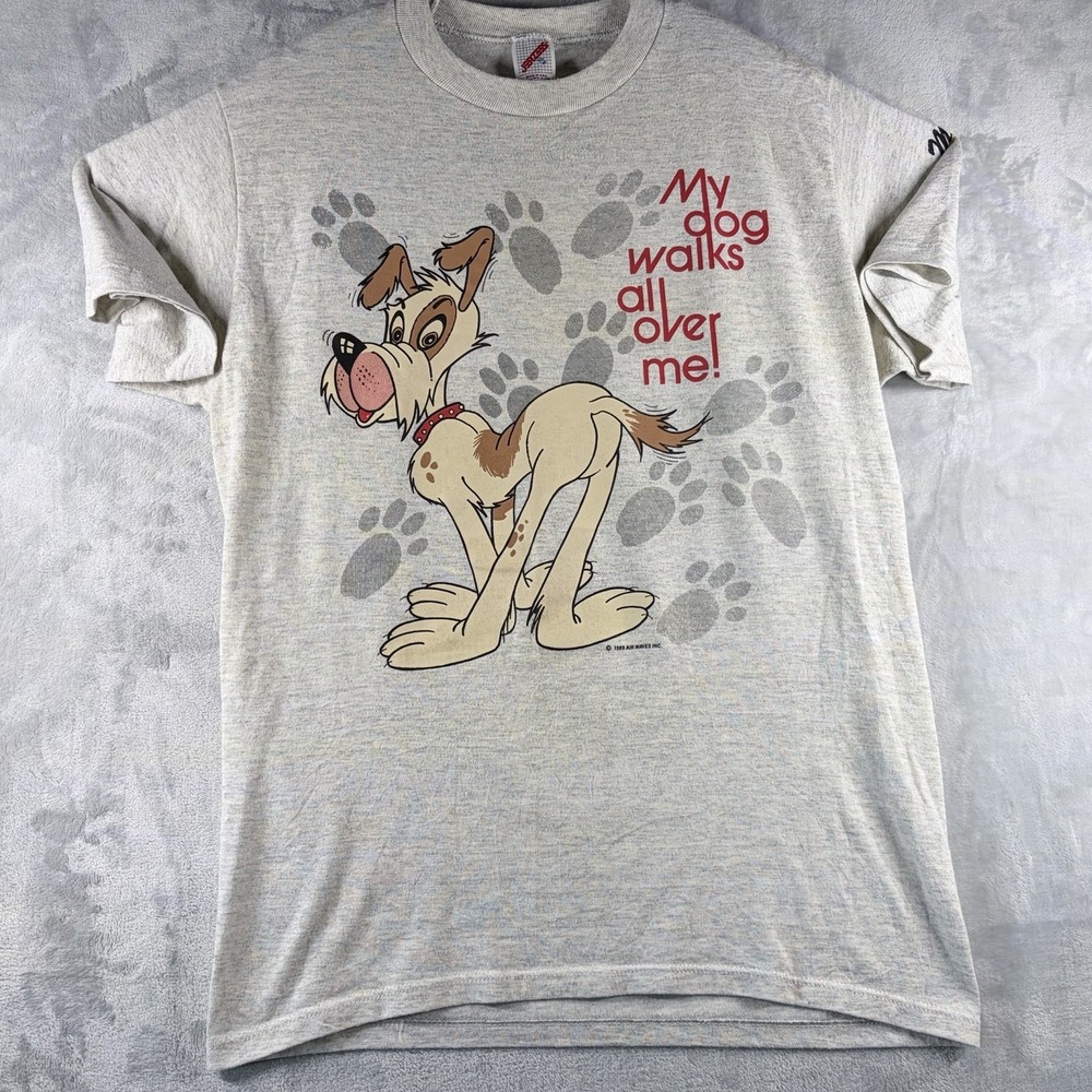 Vintage 1989 My Dog Walks All Over Me Novelty Tee Montana Air Waves USA L
